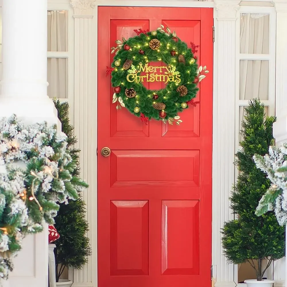24 Inch Pre-Lit Artificial Christmas Wreath‎ 45 LED Lights Battery Remote Timer